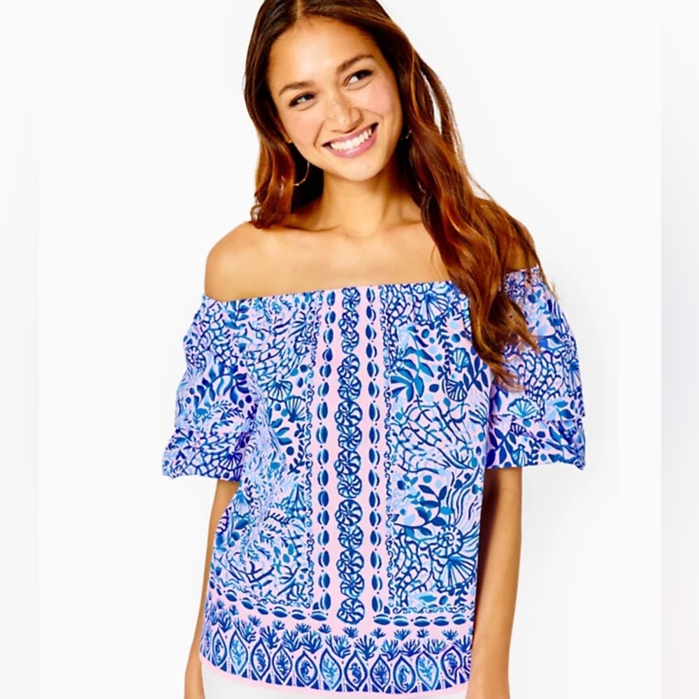 NWT Lilly Pulitzer Frankee Off the Shoulder Short Sleeve Top in Calla Lilly Pink